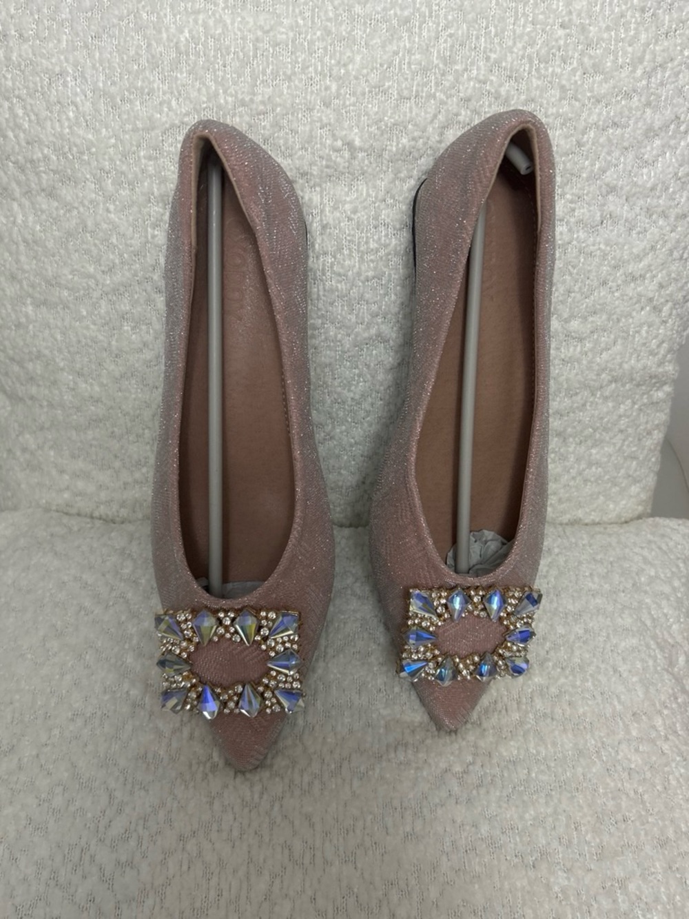 Pointed Toe Pink Glitter Flats with Jeweled Buckle